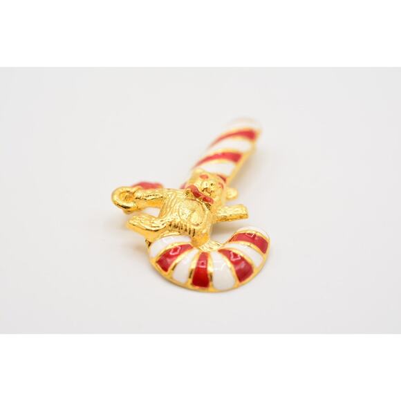 Vintage Christmas Candy Cane Pin Brooch Red White Enamel Gold Teddy Bear Bin7 - Picture 7 of 12